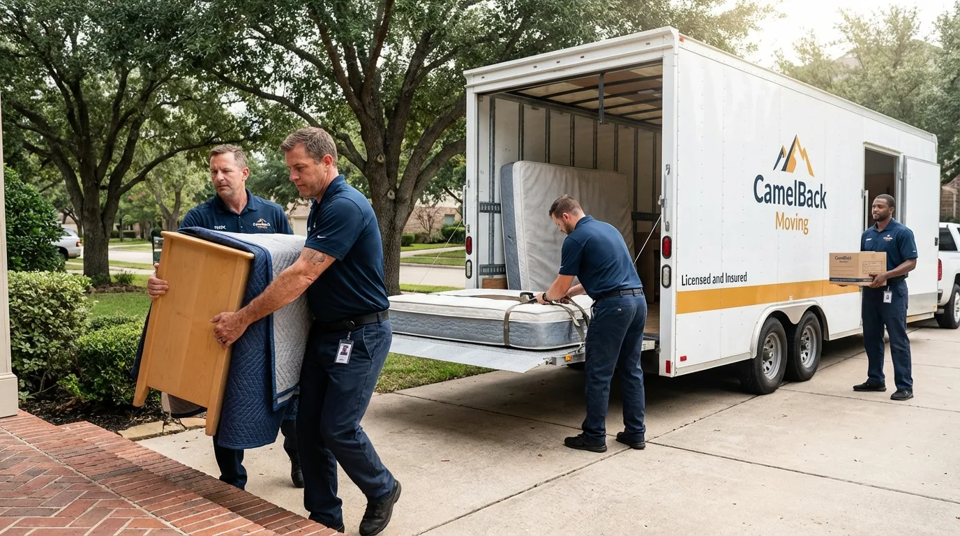 Crew loading residential truck for cross-state move from Peach Springs, AZ