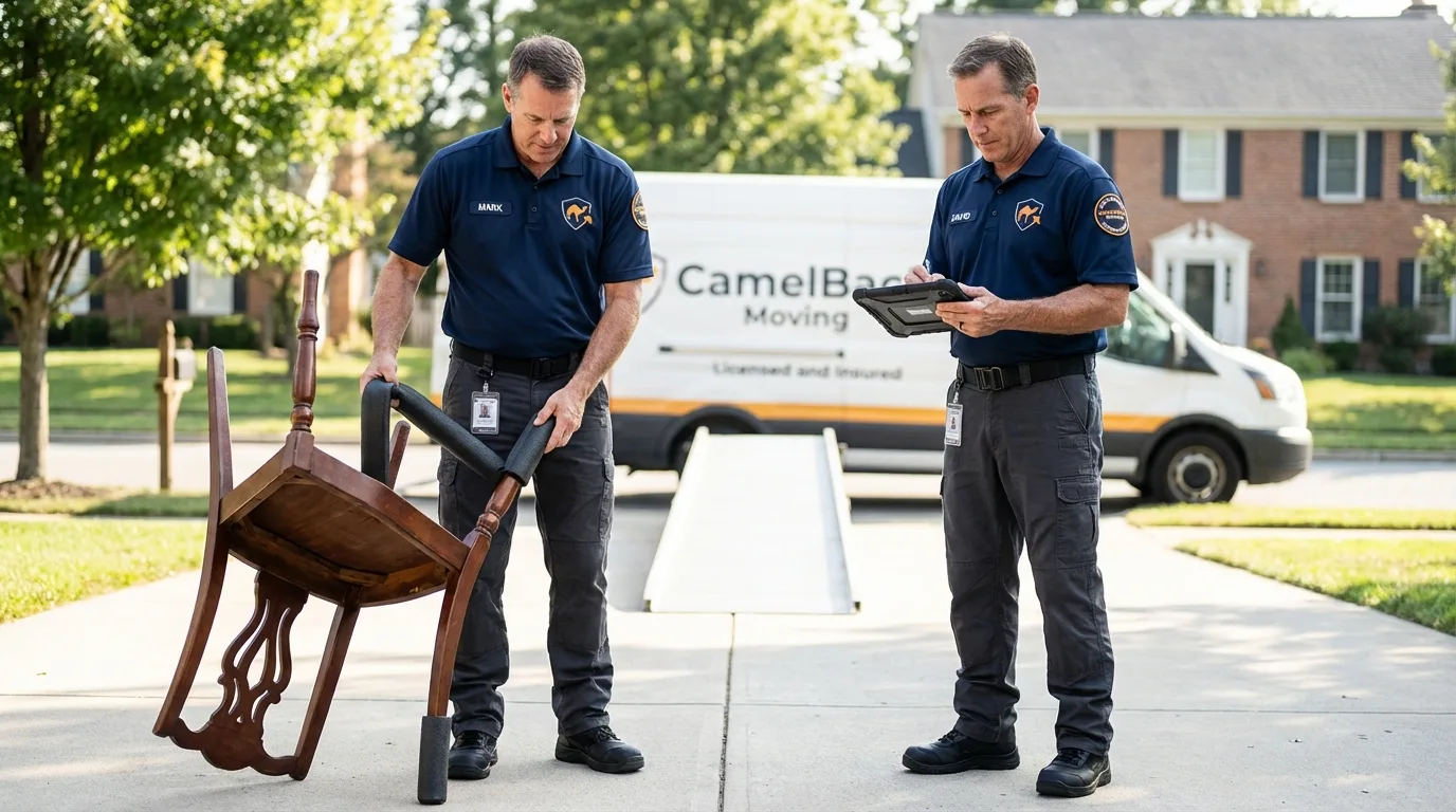 Movers inspecting furniture for damage prevention before loading in Peach Springs, AZ