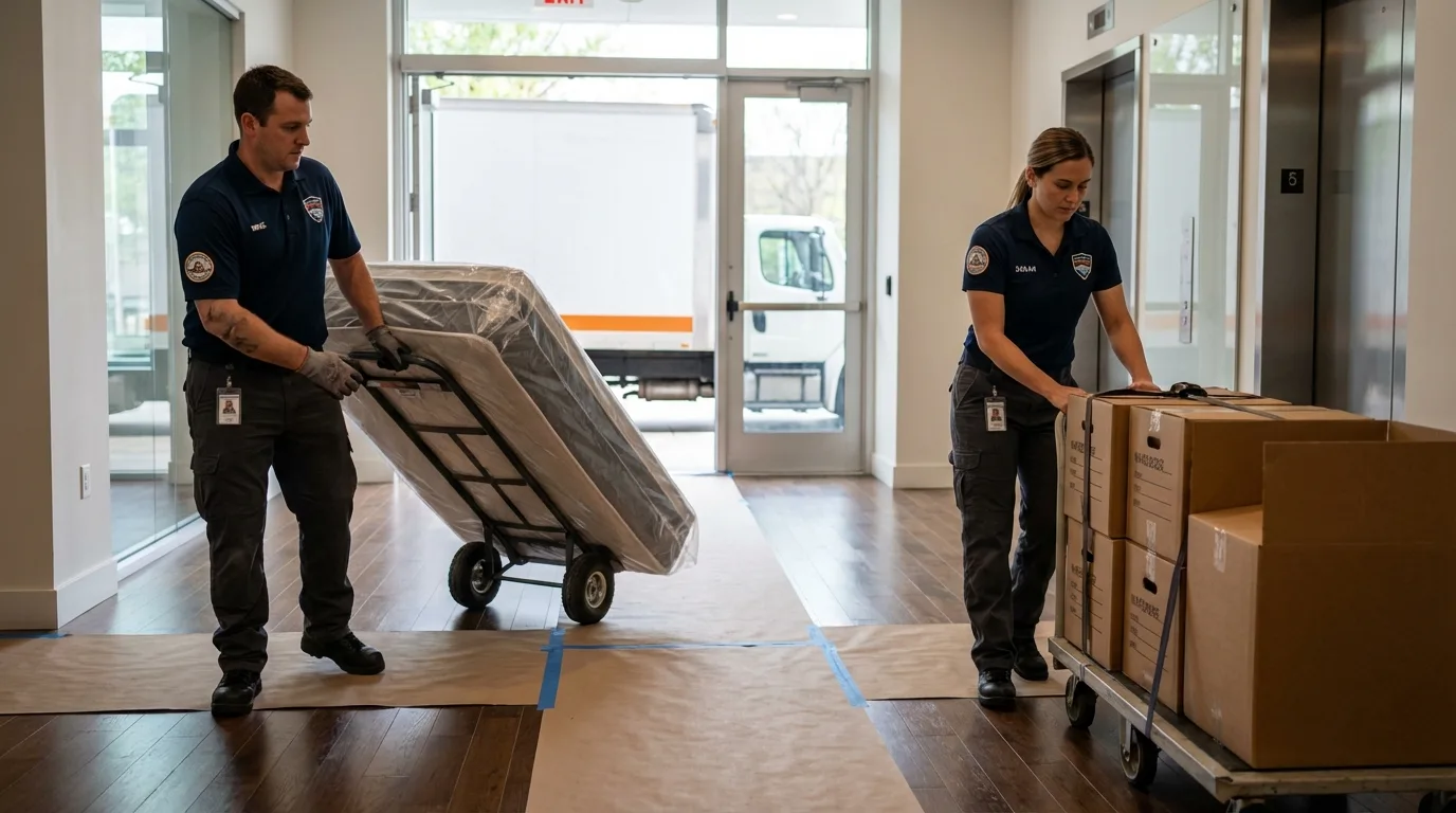 Professional apartment movers loading elevator in Peach Springs, AZ