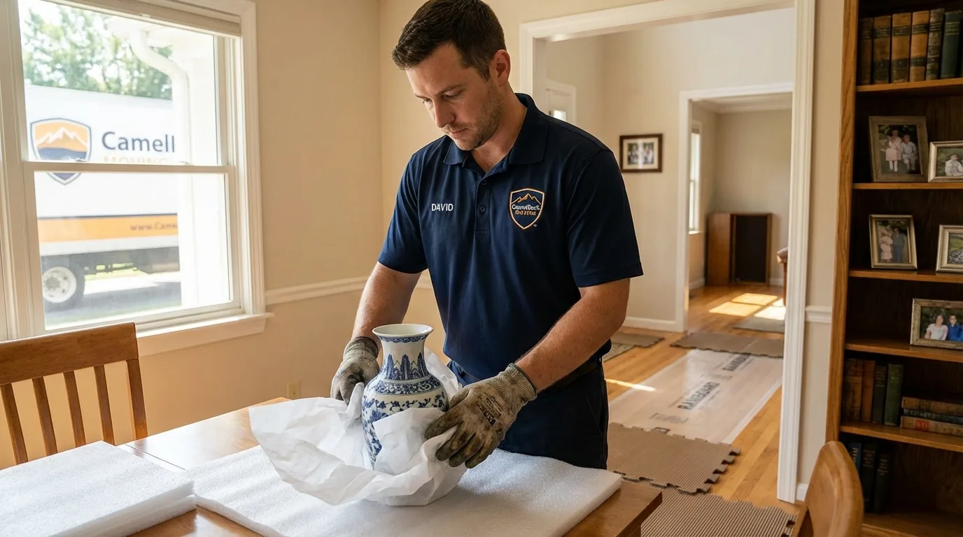 Professional crew carefully wrapping antique vase for senior downsizing move in Peach Springs, AZ